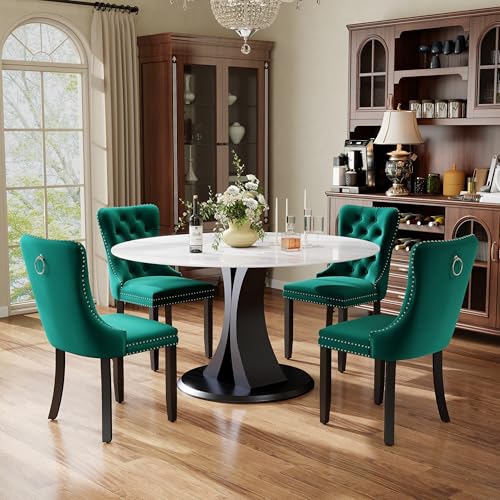 Image of 5-Piece Dining Table Set with 47In Faux Marble Table and 4 Velvet Upholstered Chairs, Modern Scandinavian Furniture for Dining Room Kitchen(Green)