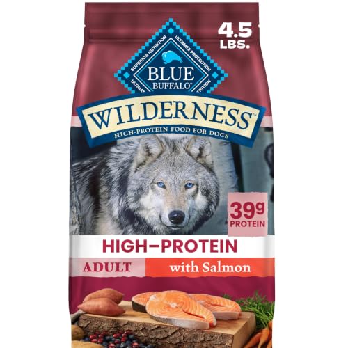 Blue Buffalo Wilderness Salmon Adult Dry Dog Food with Wholesome Grains + Antioxidant-Rich Fruits & Veggies, 39g Protein, Vibrant Energy for an Active Life, Made with Natural Ingredients, 4.5 lbs.