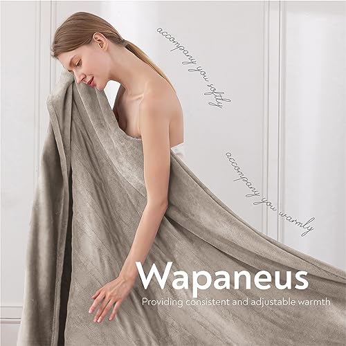 Image of Wapaneus Foot Pocket Heated Blanket Electric Throw with 10 Heating Levels and 4 Timer Settings 4 Hours Auto Shut Off, Flannel Fast-Heating Heated Throw 50 inch x 60 inch, Machine Washable, Mushroom