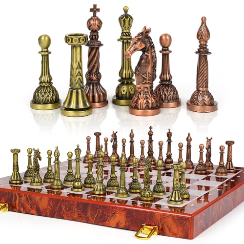 Vintage Metal Chess Set for Adults & Kids – Folding Marbling Chess Board with Storage – Elegant