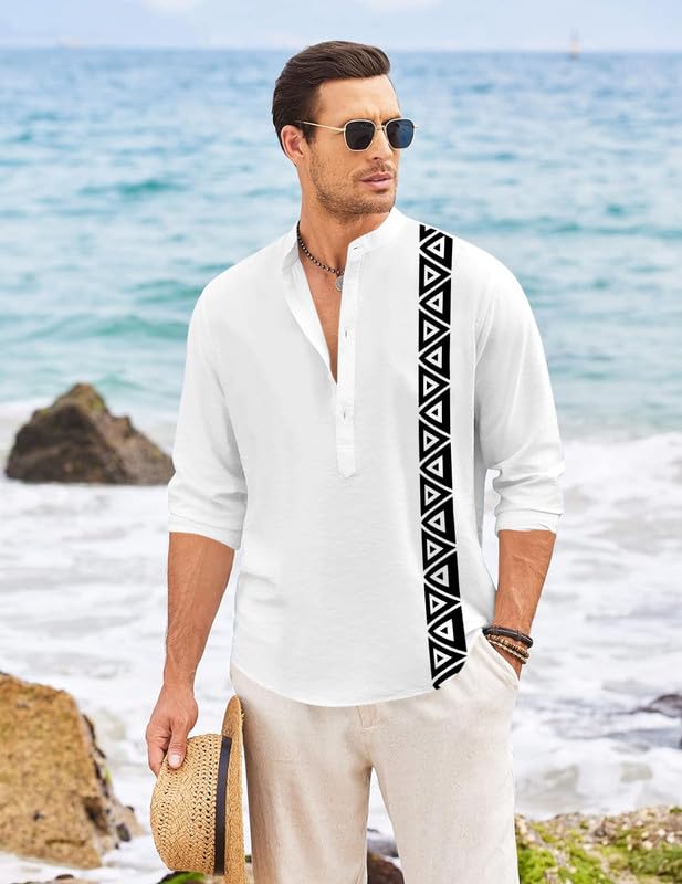 Image of FINIVO FASHION Men's Short Kurta with Printed Geometric Side Panel | Cotton Blend Full Sleeve Ethnic Topwear with Mandarin Collar | Stylish Indo-Fusion Kurta for Daily, Festive, or Casual Wear