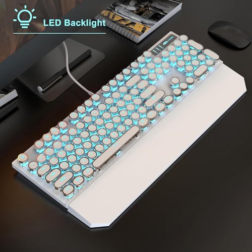 Image of MageGee MK-Storm Typewriter Mechanical Gaming Keyboard and Mouse Combo, Retro Punk Round Keycap Blue LED Backlit USB Wired Computer Keyboard for Game Red Switches(White)