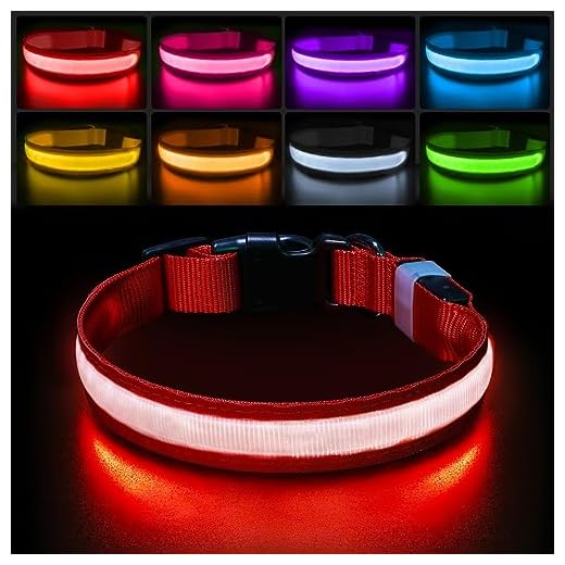 PcEoTllar Collar Luminoso Perro Recargable, Collar LED Perro Luz Impermeable y 7 Colores, Ajustable Iluminación Collares LED para Perros Pequeño Mediano Grande de Mascota, Rojo-M
