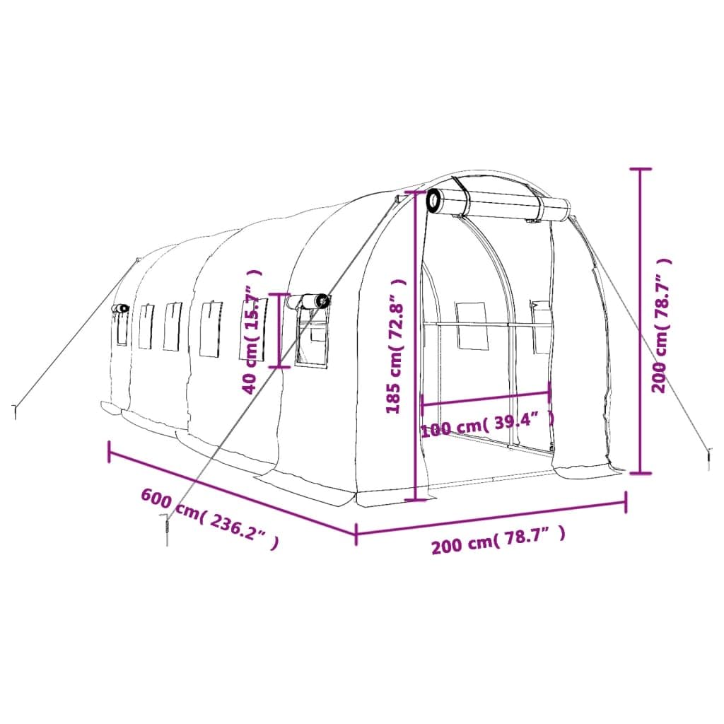 vidaXL Invernadero con Estructura de Acero, Invernáculo con Ventanas Puerta, Túnel de Cultivo, Vivero para Plantas, Blanco 12 m² 6x2x2 m