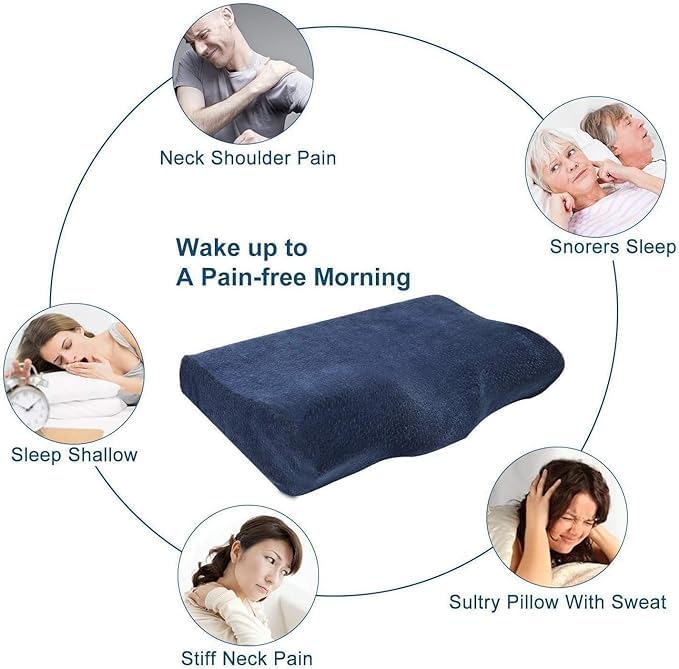 Image of Cervical Contour Memory Foam Pillow for Sleeping,Orthopedic Pillow for Neck Pain, Support for Back,Stomach,Side Sleepers, with Breathable Zip Cover (19X12X4INCH) (White) (Velvet Navy)