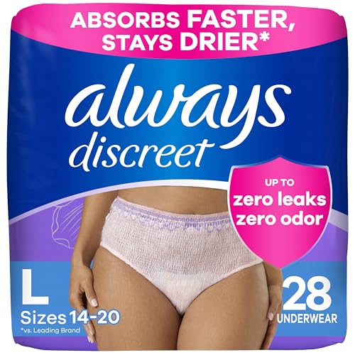 Image of Always Discreet Adult Incontinence Underwear for Women and Postpartum Underwear, L, Up to 100% Bladder Leak Protection, 28 Count (Packaging May Vary)