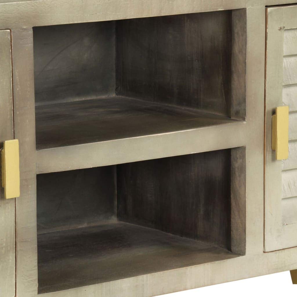 Hothingwell Mobile TV in legno massiccio di mango, 110 x 30 x 48 cm, colore: Grigio | 2 porte, 2 ripiani, gambe in acciaio ottone, archiviazione DVD e console