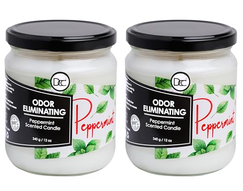 Peppermint Two Pack Odor Eliminating Highly Fragranced Candle - Eliminates 95% of Pet Smoke Food and Other Smells Quickly - Up to 80 Hour Burn time - 12 Ounce Premium Soy Blend