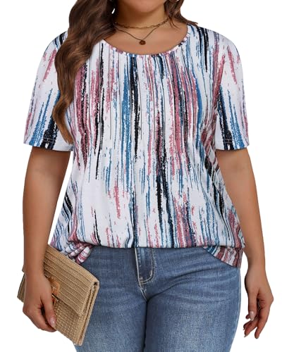 Image of Plus Size Tops for Women Pleated Summer Top Trendy Short Sleeve Shirts Casual Basic Tee Crew Neck Blouses 2026