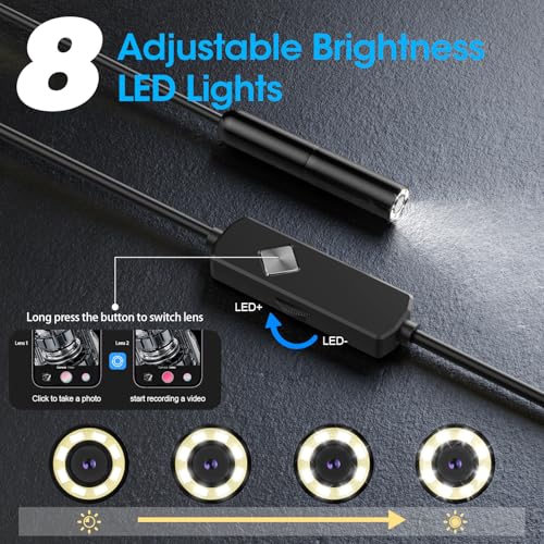 Image of Endoscope with Light, 1920P HD Borescope with 8 Adjustable LED Lights, Semi-Rigid Snake Camera, IP67 Waterproof Inspection Tool for iPhone & Android - 16.4FT-Single Lens (Black)