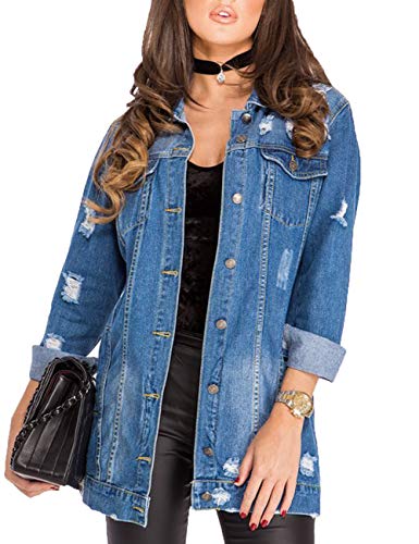 Women's Long Style Ripped Denim Jeans Jacket Casual Long Sleeve Outfits Trench Coat