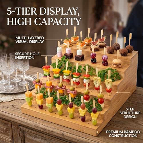 Support brochette en bambou à 5 niveaux avec structure stable et 100 pics écologiques - 3