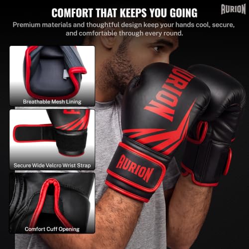 Image of Aurion Boxing Gloves 16 Oz for Men | Premium PU Leather Training Gloves with EVA Foam Padding, Breathable Palm, Wrist Support & Thumb Protection | Boxing, Sparring,Kickboxing| Black-Red