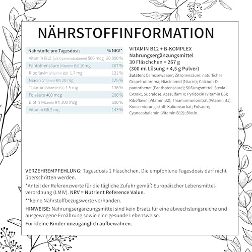 basics B12 + B-Komplex mit allen 8 B-Vitaminen - Hochdosiert mit 500mcg Vitamin B12 - für mehr Energie und Unterstützung des Nervensystems - 30 Trinkflaschen - 10ml pro Tagesdosis – Vegan