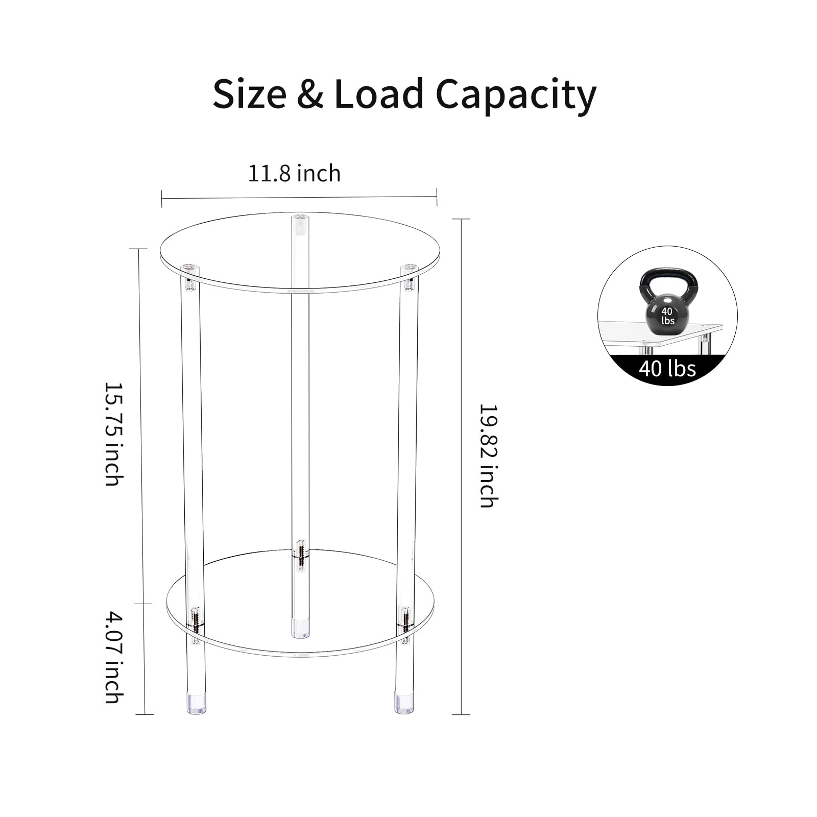 Tavolino rotondo in acrilico trasparente per piccoli spazi, 30 cm di lunghezza x 30 cm di larghezza x 50,3 cm di altezza, comodino moderno a 2 ripiani, comodino minimalista per soggiorno,