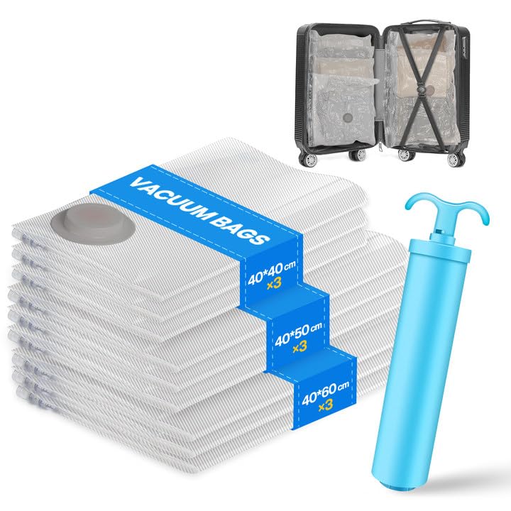 Vacbird Bolsas de vacío para ropa de viaje con bomba de mano, juego de 9 bolsas de vacío para guardar ropa y organización, ahorro de espacio, bolsas de vacío para ropa, como bodys, camisas y vestidos