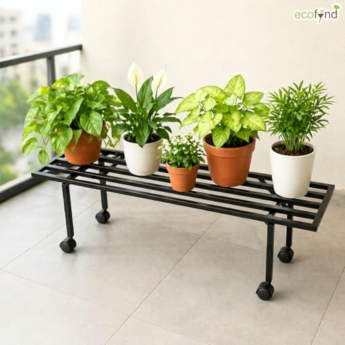 Image of ecofynd Scot 35 Inch Plant Stand with Wheels for Outdoor Balcony, Flower Pot Stand for Indoor Plants, Large Metal Planter Stand for Living Room, home decor, Indoor & Outdoor plants, 1 Tier (PS051-BLK)