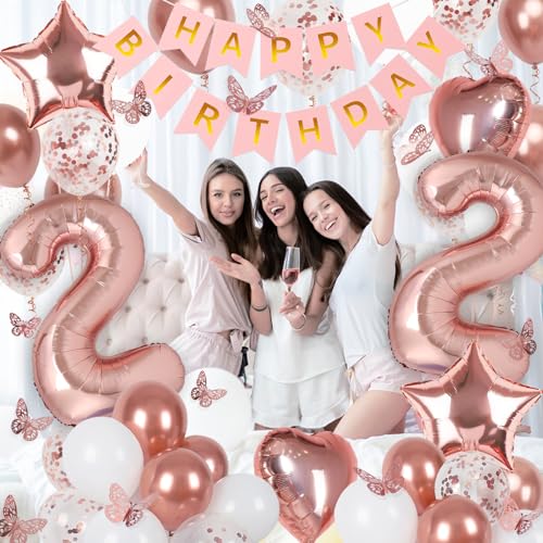 Image of Rose Gold 22th Birthday Decorations for Women, 22 Year Old Sign with Happy Birthday Banner, 40In Number 22 Foil Birthday Balloons, Butterfly Decorations, Heart and Star Balloons
