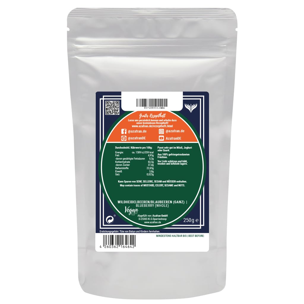 Azafran Wildheidelbeeren gefriergetrocknet, Heidelbeeren getrocknet (Blaubeeren ganz) 250g (Packung mit 2)