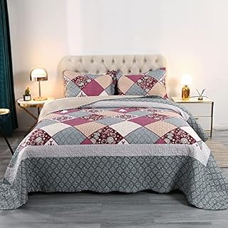 Qucover Quilted Bedspread King Size 250x270 cm Microfiber Reversible Purple and Blue Flower Patterned Bedspreads Quilt Set, All Seasons Quilted Throw and Pillowcases