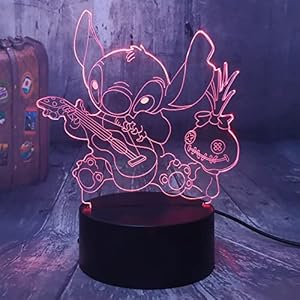Jinlycoo LED Lampada Lilo and Stitch Paralume da tavolo a forma di chitarra con pupazzo di cartoni animati a forma di orsacchiotto 3D ottico 7 Color USB luce notturna per la delle ragazze e la camera