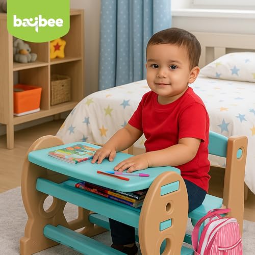 Image of BAYBEE Plastic 4 In 1 Baby Study Table & Chair Set For 2+ Years Kids Desk Set | Reading & Writing Study Table For Kids With Chair (Blue), 55 cm, 43 cm, 56 cm
