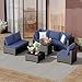 Ophelian 8 Piece Patio Furniture Set with Fire Pit Table, Wicker Outdoor Sectional Sofa, Conversation Set for Backyard, Garden, Deck (Coffee/Blue)