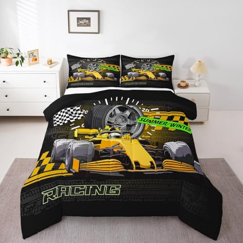 Image of Feelyou Kids Yellow Race Car Comforter Set Queen Size, Racing Car Bedding Set Karting Road Duvet Insert Boys Girls Teens Bedroom Decor 3Pcs
