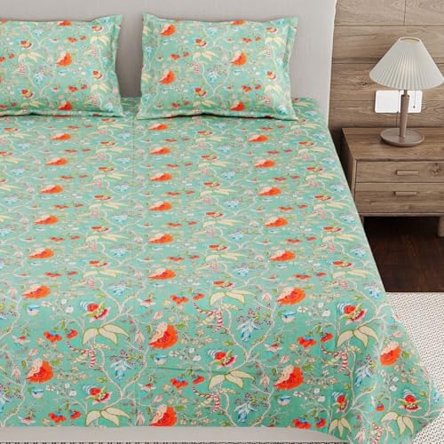 Image of Living Roots Ethnic Jaipur Block Print Double Cotton Bedsheet & 2 Pillow Covers, for Mattress Upto 6 inches Thick, No Colour Bleeding, Green Colour, King Size 90 * 108 inches, 120TC (617-B)