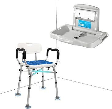 Shower Chair for Elderly & Baby Changing Station Bundle - Heavy Duty 500lbs Shower Seat with Arms & Back + Wall-Mounted Diaper Changing Table for Home & Commercial Use