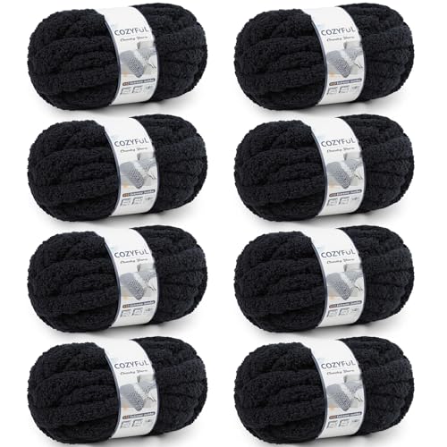 Cozyful Chunky Yarn for Hand Knitting - #10 Chunky Chenille Yarn Jumbo Big Thick Chunky Yarns for Crocheting Super Bulky Chunky Knit Blanket Yarns 8 Skein (22 yds 8 oz Each Skein) Black