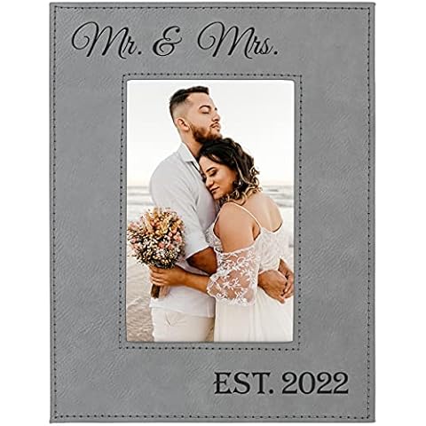 Faux Gray Leather Mr & Mrs Established 2021 or 2022 Wedding Frame - A Great Gift for the Newlyweds for your Wedding Anniversary or Vow Renewal-Holds a 6 x 4" photo. (4 x 6") (2022) Cover