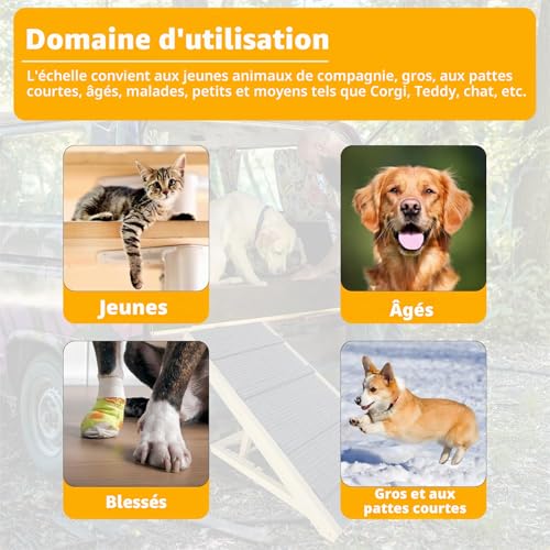 LZQ Escalier pour chien - Pliable - Pour petits chiens et chats - Portable - Réglable en hauteur - En bois - Avec tapis antidérapant - Pour lit, canapé, 100 cm de long – vue 4