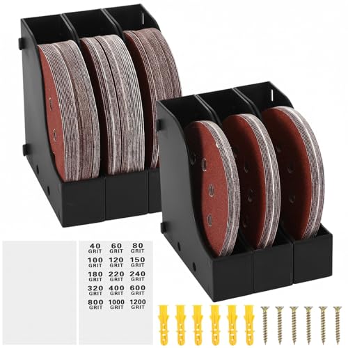Geelin 6 Pack Sandpaper Storage Organizer Boxes 5 Inch Sanding Discs Tool Storage Set with Grit Labels and Expansion Screws Individual Connectable Sanding Discs Organizer Rack for Gift (Black)