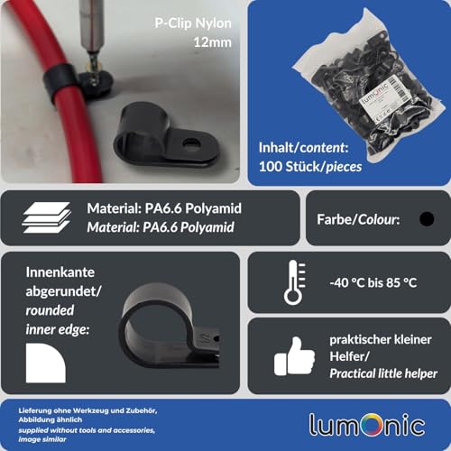 Lumonic Cable Management P-Clips, 100 pieces for 12mm Cable, Nylon Black, 12 mm - Image 3