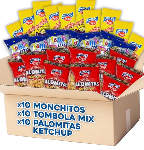 Pack Snacks Arroz Inflado Monchitos + Palomitas de Ketchup Pegui + Tómbola Mix - 10 Bolsas Arroz Inflado Sabor Jamón + 10 Bolsas Palomitas Sabor Ketchup + 10 Bolsas Tómbola Mix de Aperitivo de Maíz