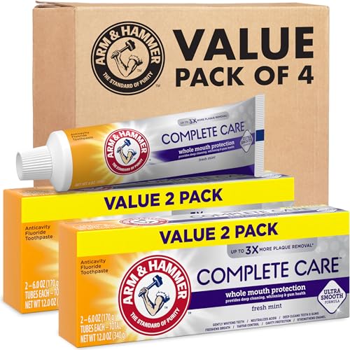 ARM & Hammer Complete Care Toothpaste, Teeth Whitening Toothpaste with Baking Soda, Fluoride, Whole Mouth Protection, Fresh Mint Flavor, 6.0 oz (Pack of 4)