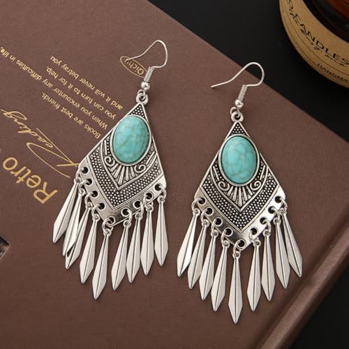 Boho Handmade Vintage Turquoise Earrings for Women Dangling Silver Bohemian Colorful Inlaid Stones Geometric Engraved Flower Pattern Round Long Tassel Drop Earrings Western Jewelry Gifts3