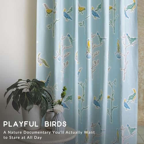 Image of Tranquebar Curtain Co. Window Curtains 5 Feet, 60-65% Room Darkening, Multicolor(Blue) Bird Print, Cotton Curtains for Window, BackTab Loops, Design Shiri (152 cm) - Set of 2