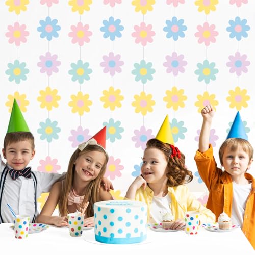 Image of Pasimy 8 Pcs Daisy Boho Party Decorations Groovy Daisy Paper Garlands White Flower Hanging Garland Banner Hippie Flower Cutouts for Birthday Shower Wedding Party Favor Supplies(Groovy,Pastel)