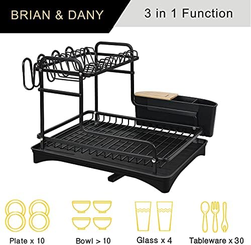 BRIAN & DANY 2 Tier Dish Drying Rack, Aluminium Dish Drainer with Cup Holder and Cutlery Holder Basket, Black