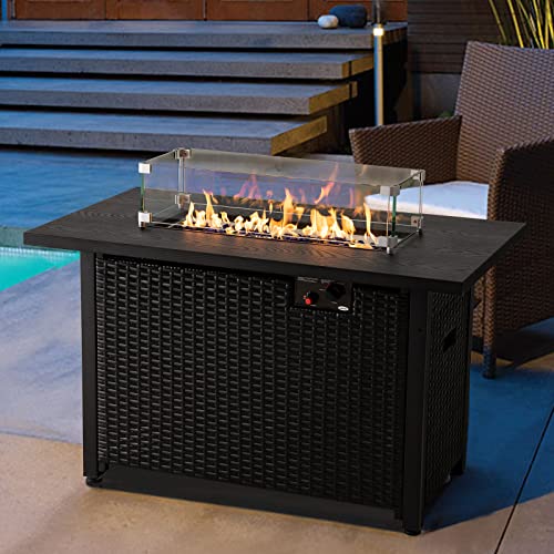 42 Inch Outdoor Propane Gas Fire Pit Table, 50,000 Btu Auto-Ignition Gas Firepit With Glass Wind Guard, Alloy Wood Grain Tabletop By Hanliko-Black #TOP3