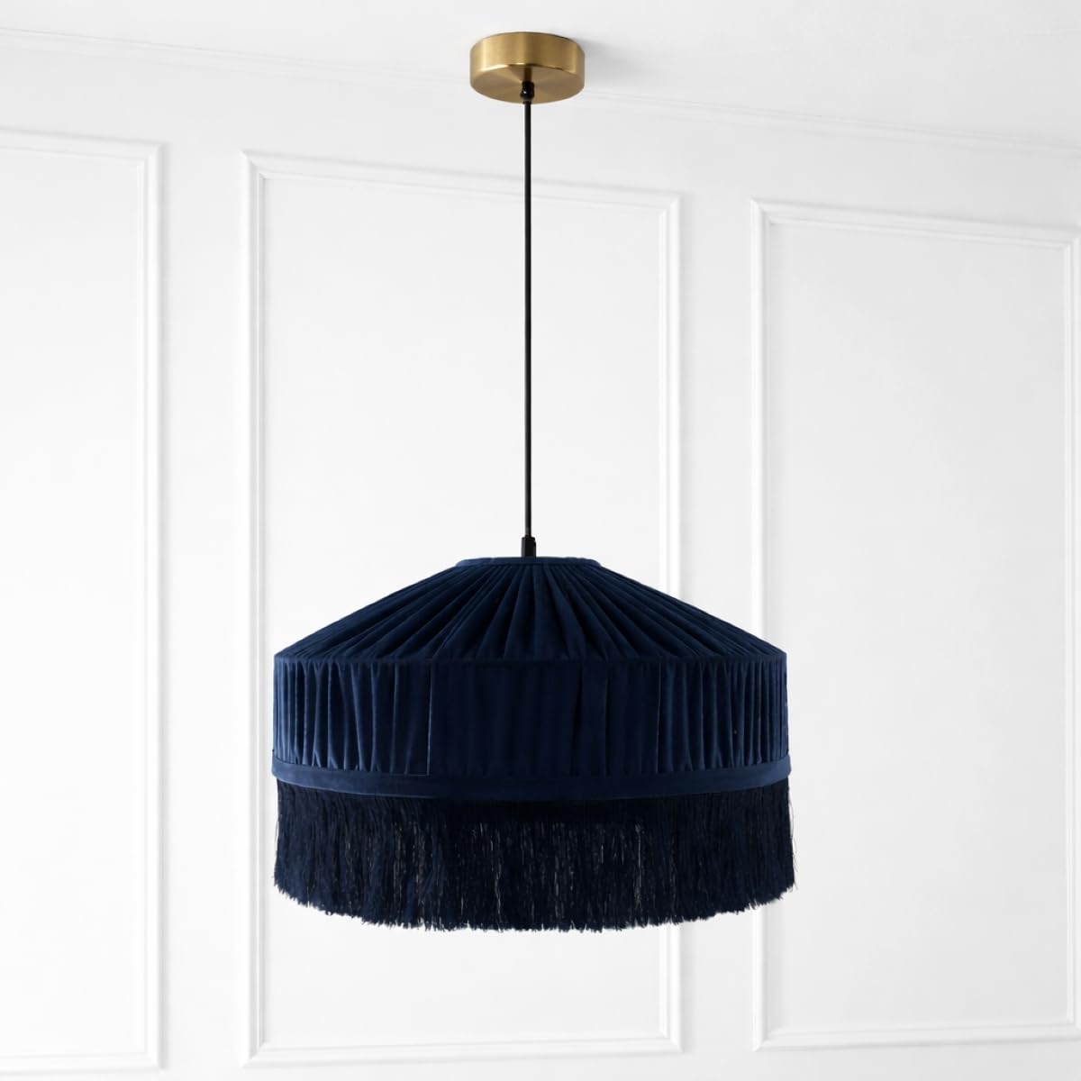 CGC Lighting Indoor Ceiling Lamp Shade Velvet Fringe Pleated Tassel Pendant 40cm Diameter (Navy Tassel)
