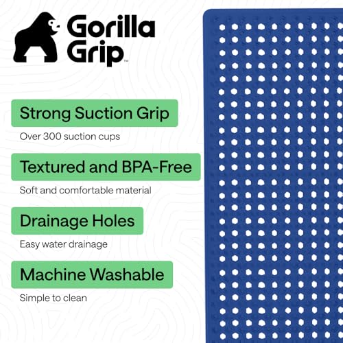 Image of GORILLA GRIP Patented Bath Tub Shower Mat, Machine Washable Bathtub Floor Liner Mats, Suction Cups and Drain Holes to Keep Tubs Clean, Soft on Feet, Bathroom Essentials, 35x16 Inch, Royal Blue Opaque