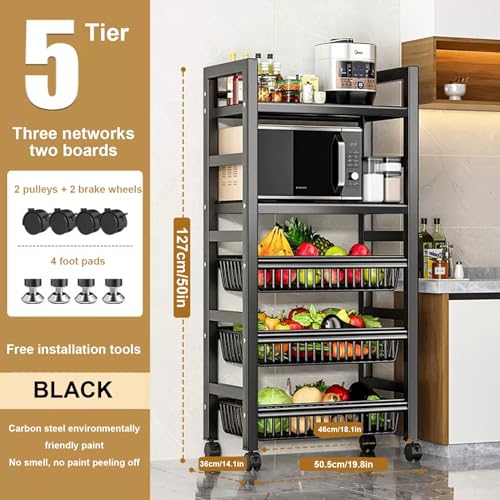Carrello da Cucina con Ruote, Carrello per microonde con Contenitore - Scaffale da Cucina, Ripiani e Ripiani Regolabili, Ripiani in Metallo robusti con Ruote, Carrello per Frutta e Verdura