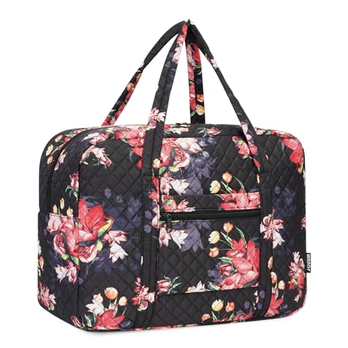 Sportsnew Airplane Approved Duffle Bag For Travel Flight Cabin Bag Womens Tote Bag Floral Pattern Laptop Carry-On Luggage 25L Weekend Travel Organizer Waterproof Gym Bag (Black Floral)