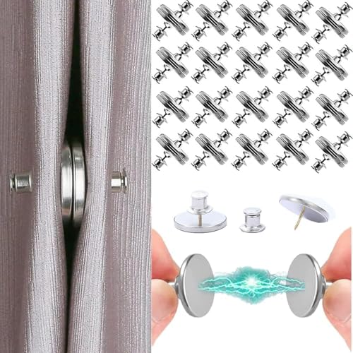 20 Pairs Magnetic Curtain Clips with Tacks - Strong Double Sided Curtain Magnets Closure - 0.8 No-Tool Weighted Magnets for Curtains Prevent Light Leaking & Secure Drapes for Home Bedroom Office