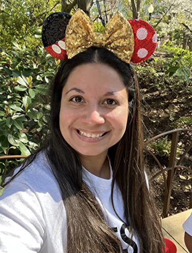 Image of CLGIFT Rose gold Minnie Ears,Pick your color, Iridescent Minnie Ears, Silver gold blue minnie ears, Rainbow Sparkle Mouse Ears,Classic Red Sequin Minnie Ears (Gold Minnie)