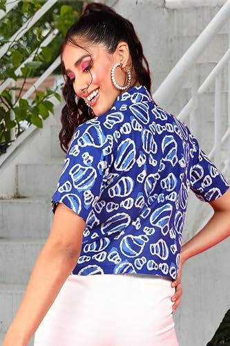 Image of POPWINGS Ethnic Printed Cotton Half Sleeves Regular Fit Crop Shirts for Women Stylish Western Casual Wear