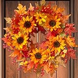 20' Sunflower Fall Wreath with Maple Leaves & Berry, Autumn Artificial Wreath for Front Door Outside Thanksgiving Halloween Window Home Wall Farmhouse Holiday Outdoor Indoor Décor (Yellow)